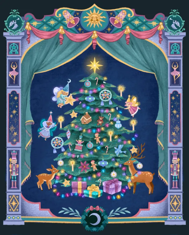 Christmas tree decorated with lights and gifts surrounded by fairies and deer by Alyssa De Asis