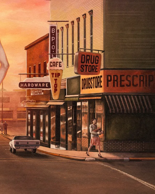 Street corner with drugstore, cafe, and person walking by at sunset by Diego Abreu