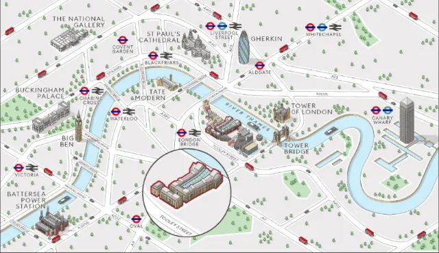 Map showing London landmarks and Tube stations by Mark Watkinson