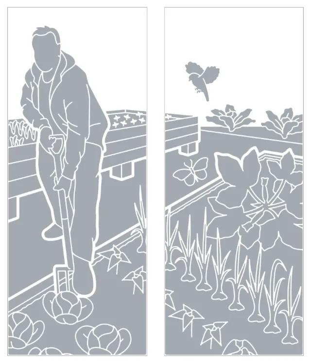 Person tending garden plants by raised beds with butterflies, by Mark Watkinson