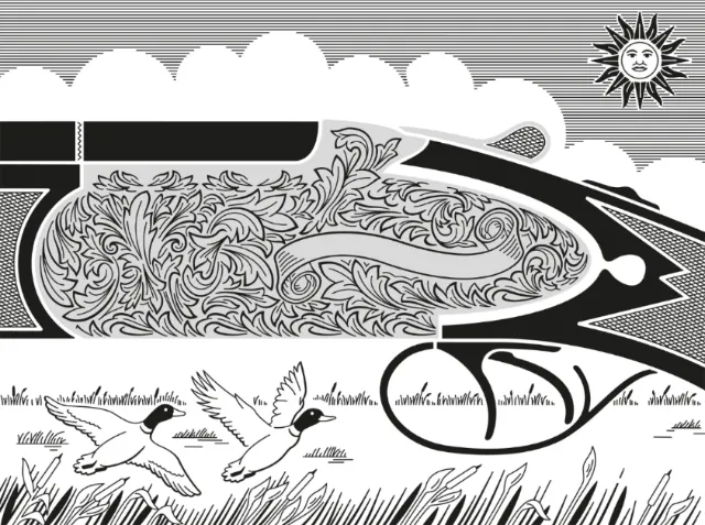 Black and white abstract train with flying birds and stylized sun by Mark Watkinson