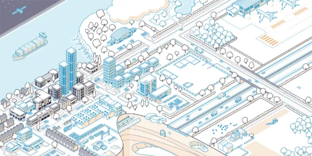 Isometric city map showing buildings and streets by Mark Watkinson