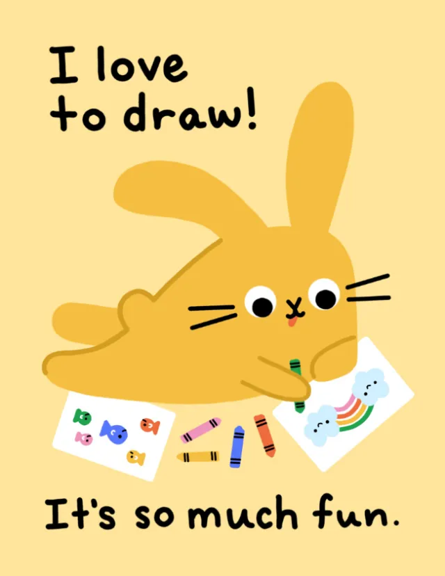 Yellow bunny drawing colorful pictures with crayons by Genna Blackburn