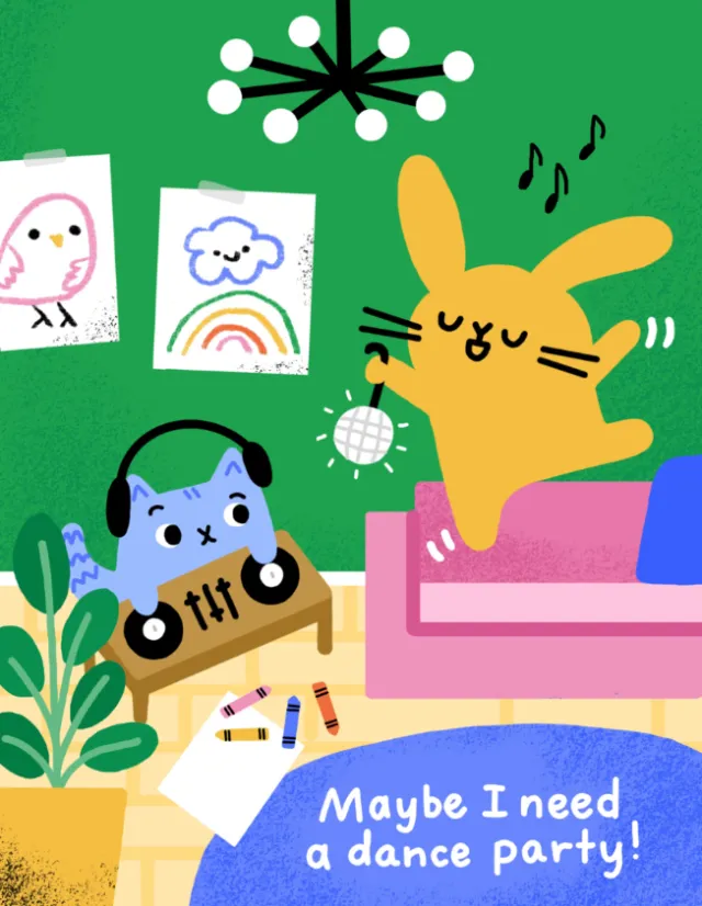 Dance party scene with cat wearing headphones and bunny dancing, by Genna Blackburn
