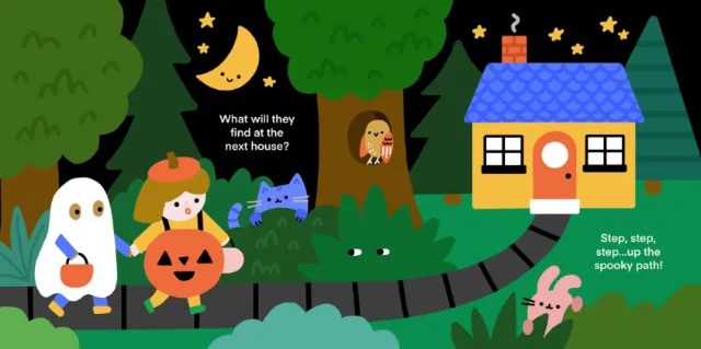 Children trick-or-treating on a spooky path with ghost, owl, and cat by Genna Blackburn