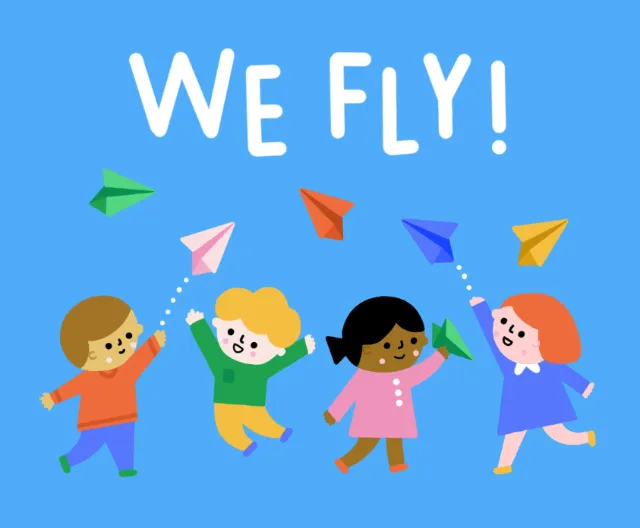 Children playing with colorful paper airplanes by Genna Blackburn