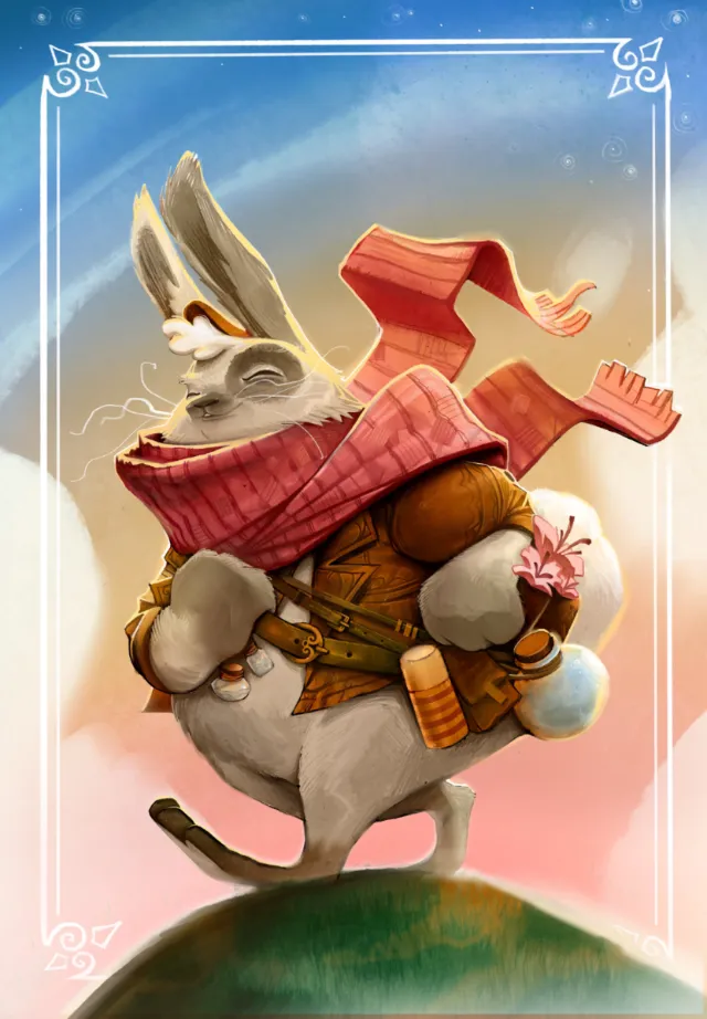 Rabbit adventurer wearing scarf and satchel in colorful background by Tom Bonson