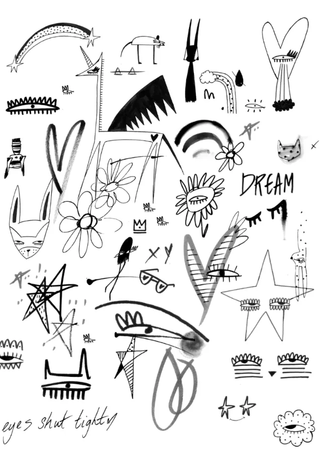 Abstract black and white doodle art with flowers and stars by Nadia Flower