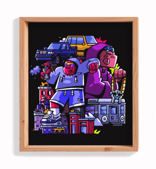 Cartoon hip-hop scene with three characters and urban elements by Mpumelelo Bhengu