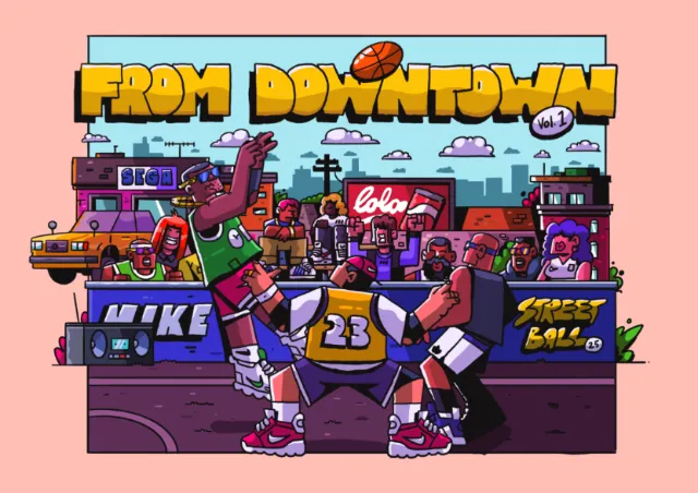 Cartoon of basketball players hanging out in urban neighborhood by Mpumelelo Bhengu