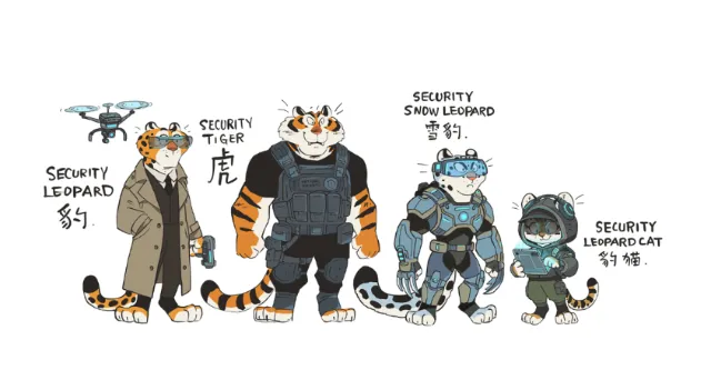 Anthropomorphic tigers in security and tactical gear by Mae Besom