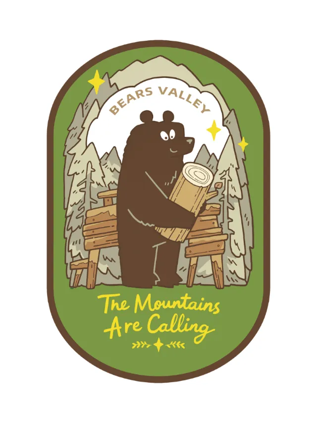 Illustration of a bear carrying a log near Bears Valley by Mae Besom