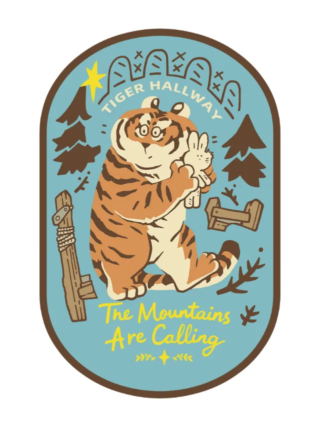 Tiger holding rabbit in mountain scene by Mae Besom