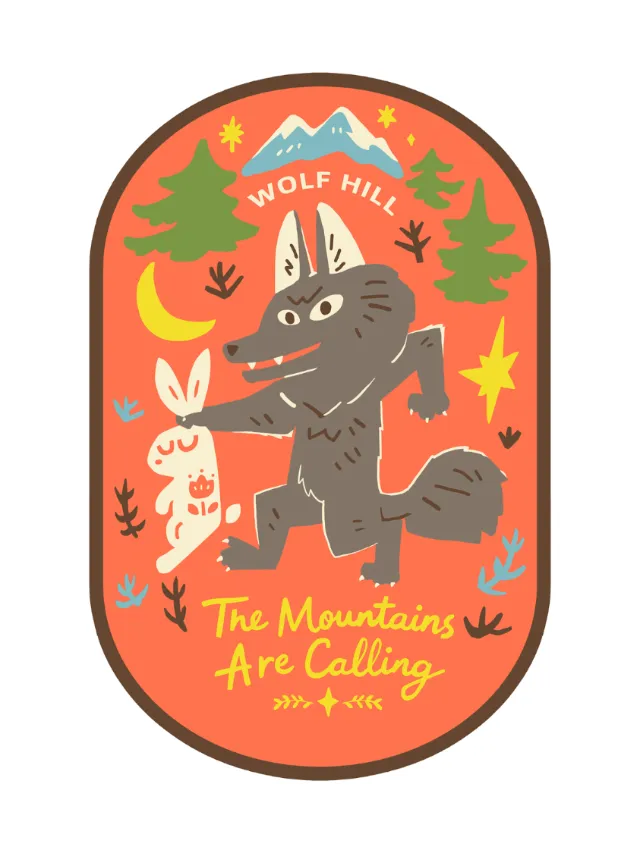 Wolf Hill illustration of wolf holding rabbit with mountains, trees and moon - Mae Besom