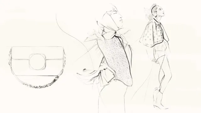 Fashion illustration showing two models and handbag sketch by Petra Dufkova