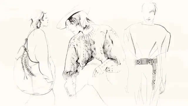 Fashion sketches of three figures wearing loose and detailed clothing by Petra Dufkova