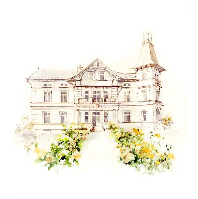 Watercolor of Victorian mansion with garden by Petra Dufkova