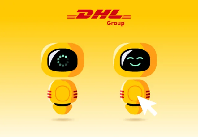 Illustration of two yellow DHL delivery robots by Sebastian Iwohn