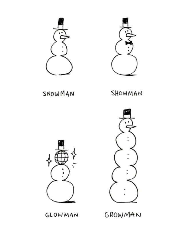 Cartoon of four snowman variations titled snowman, showman, glowman, and growman by Sebastian Iwohn