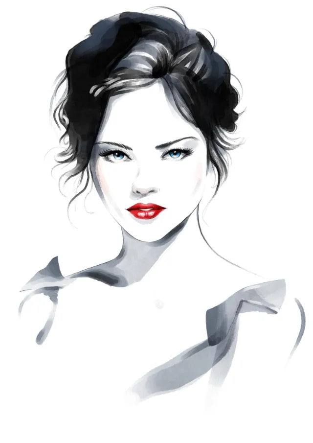 Stylized black and white portrait of woman with red lips by Carsten Mell