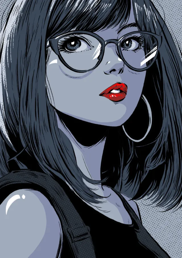 Stylized portrait of a woman with glasses, red lips, and dark hair by Carsten Mell