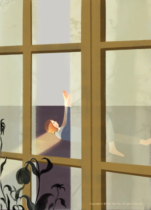 Person lying down behind glass window with sunlight and shadows by Hao Hao