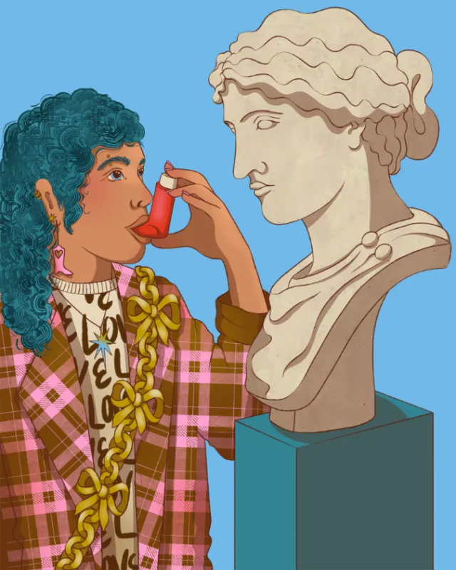 Woman in patterned clothes using inhaler beside classical bust sculpture by Rachel Winter
