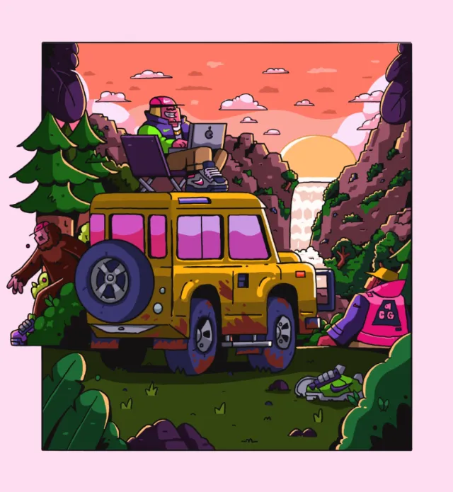 Characters relaxing by yellow Land Rover at mountain camp, sunset view by Mpumelelo Bhengu