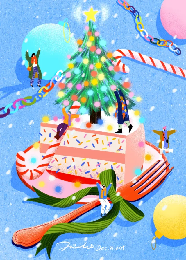 Colorful Christmas cake with tree, candles, candy, and balloons by Xinping Li