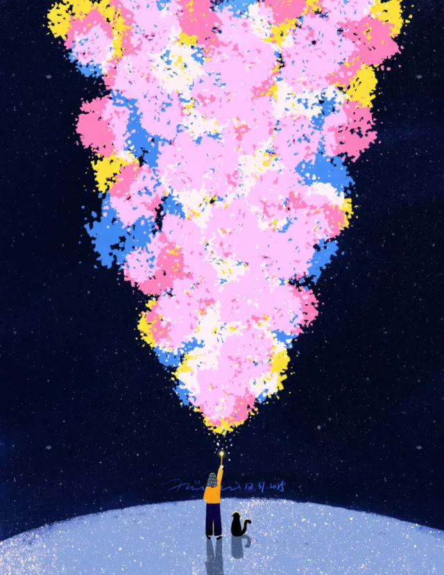 Person releasing colorful smoke under starry sky by Xinping Li