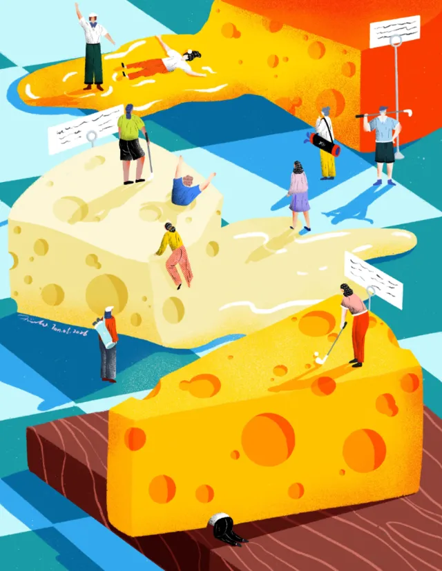 Miniature people playing golf on giant cheese slices by Xinping Li