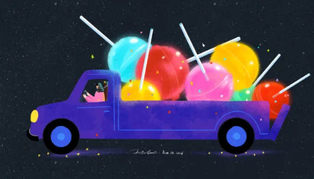 Truck loaded with large colorful lollipops by Xinping Li