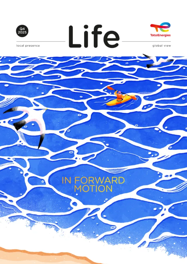 Kayaker paddling in blue waves with a bird flying above by Xinping Li