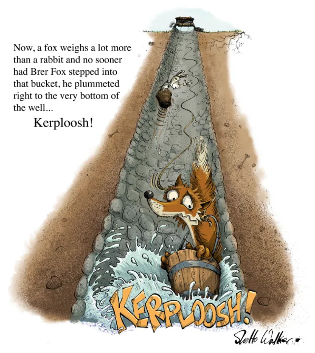 Brer Fox falling into a well after being tricked by Brer Rabbit by Sholto Walker