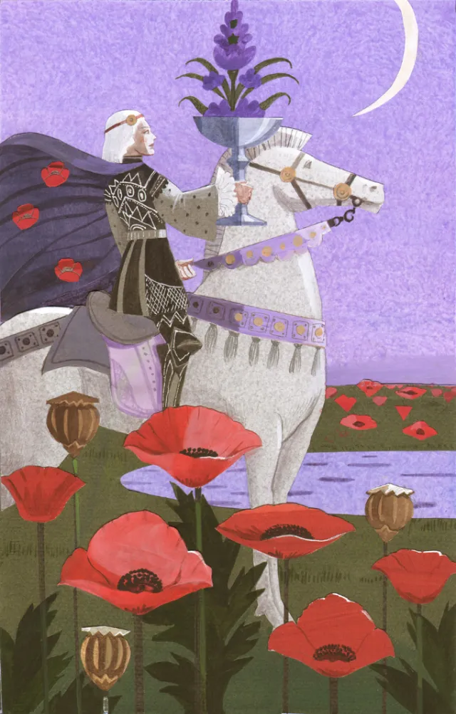 Knight on horseback holding a chalice in a poppy field under crescent moon by Victoria Fomina