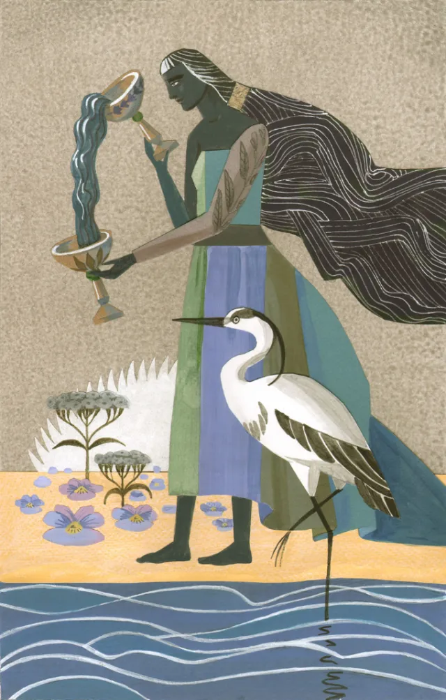 Stylized woman with flowing hair holding candle near heron by water, by Victoria Fomina