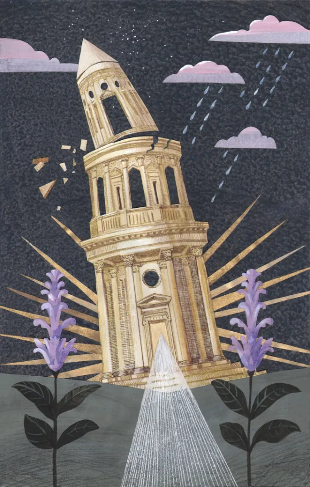 Leaning classical tower with rain clouds and purple plants by Victoria Fomina