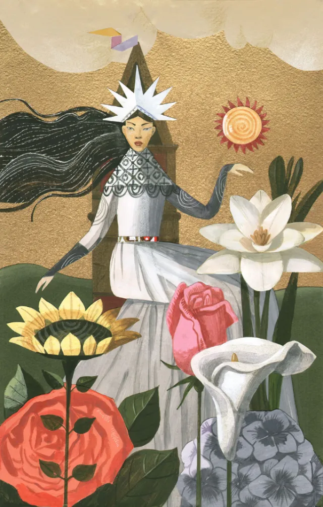 Woman in white dress surrounded by large flowers, artwork by Victoria Fomina