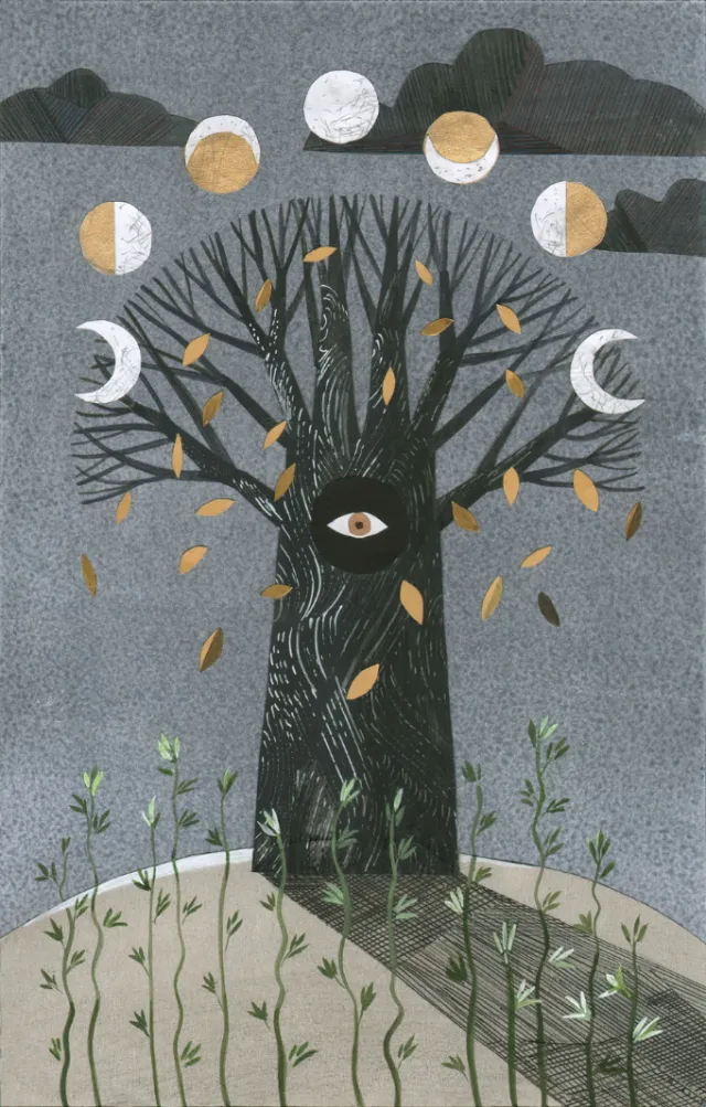Surreal tree with an eye and moon phases above, by Victoria Fomina