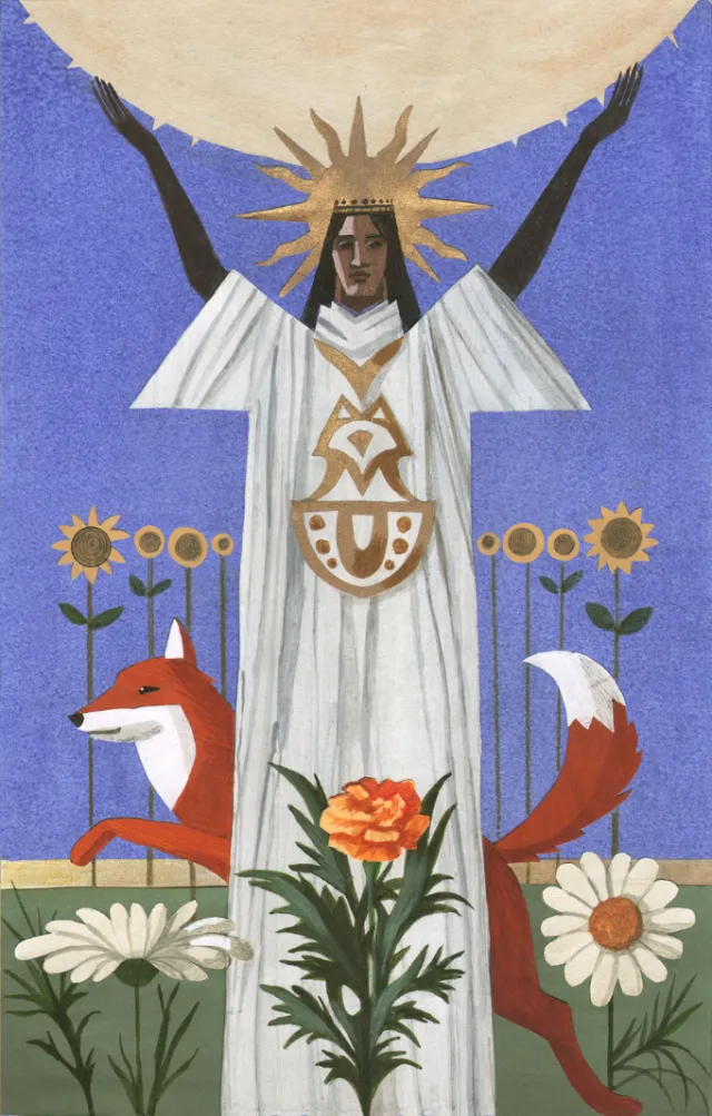 Woman in white robe with sun motifs, fox, and flowers by Victoria Fomina