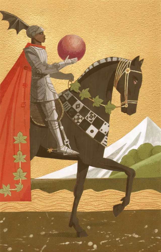 Knight in silver armor with red cape holding red orb on decorated black horse by mountains by Victor