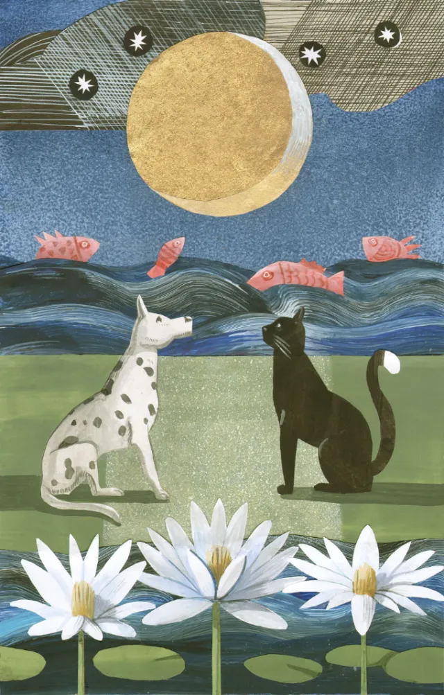 A white dog and black cat under a moonlit sky with fish and water lilies by Victoria Fomina