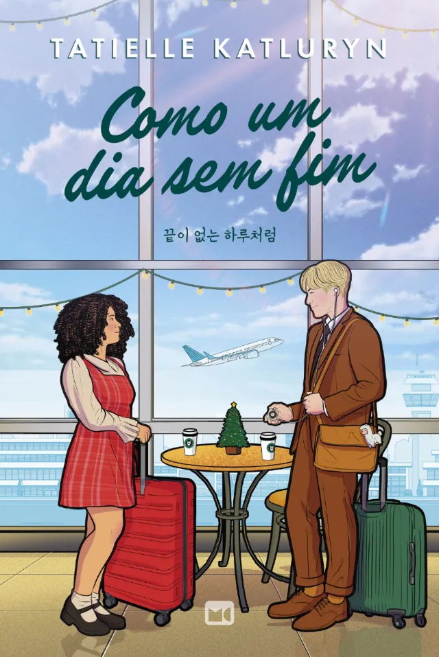 Man and woman with suitcases in airport terminal by window, airplane outside, by Davi Augusto