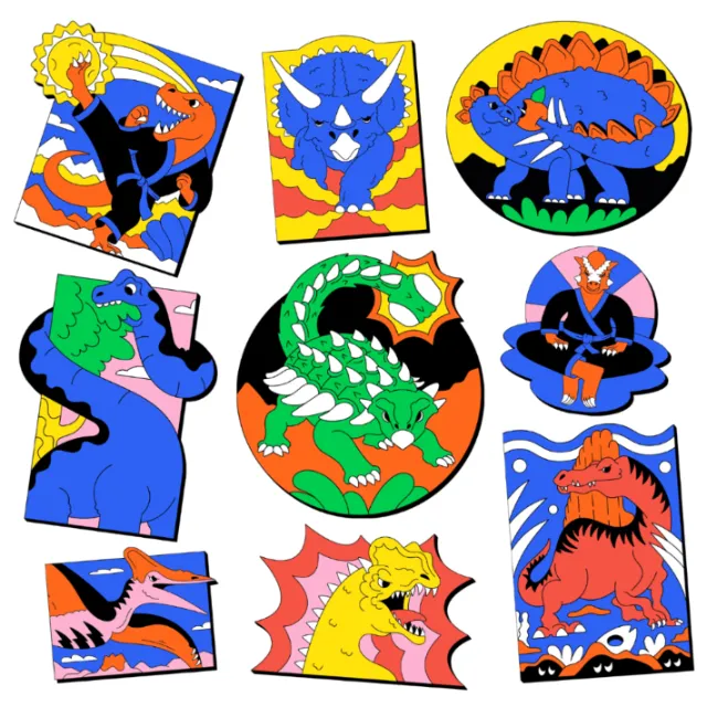 Colorful dinosaur patches for kids' Brazilian Jiu-Jitsu kimonos by Veronika Kiriyenko