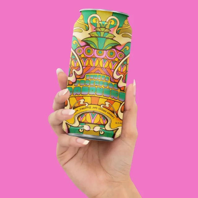 Hand holding a colorful patterned beverage can, illustrated by Laura Greenan