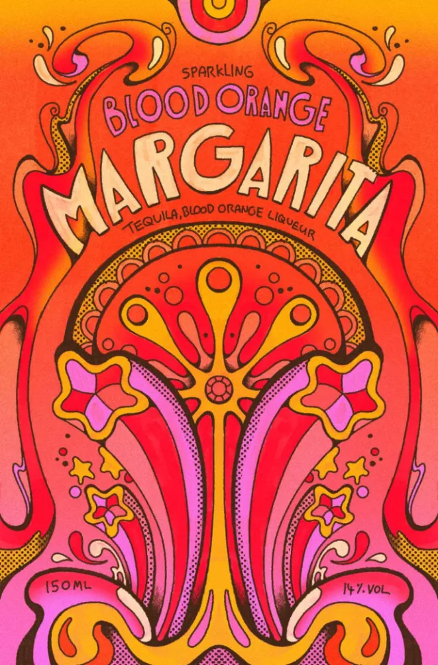 Colorful psychedelic blood orange margarita label by Laura Greenan