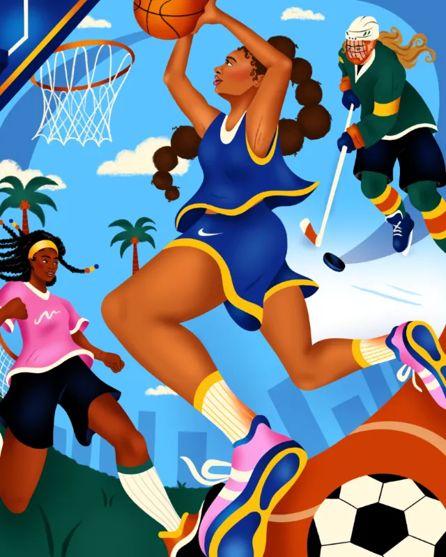Illustration of women athletes in basketball, hockey, and soccer by Alyah Holmes