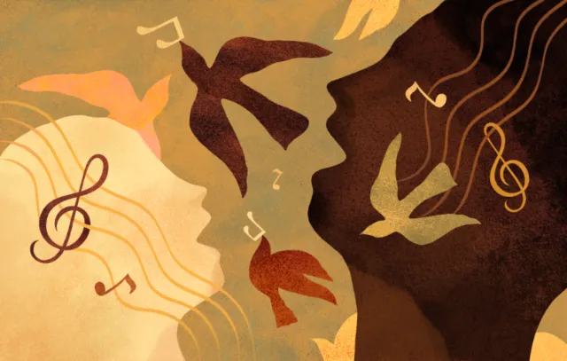 Symbolic artwork of sound connection between two profiles
