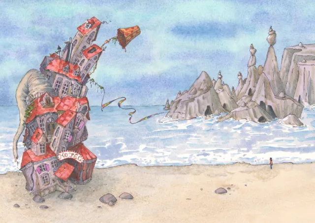 Illustration of a whimsical flying hotel near cliffs by Marieke Nelissen