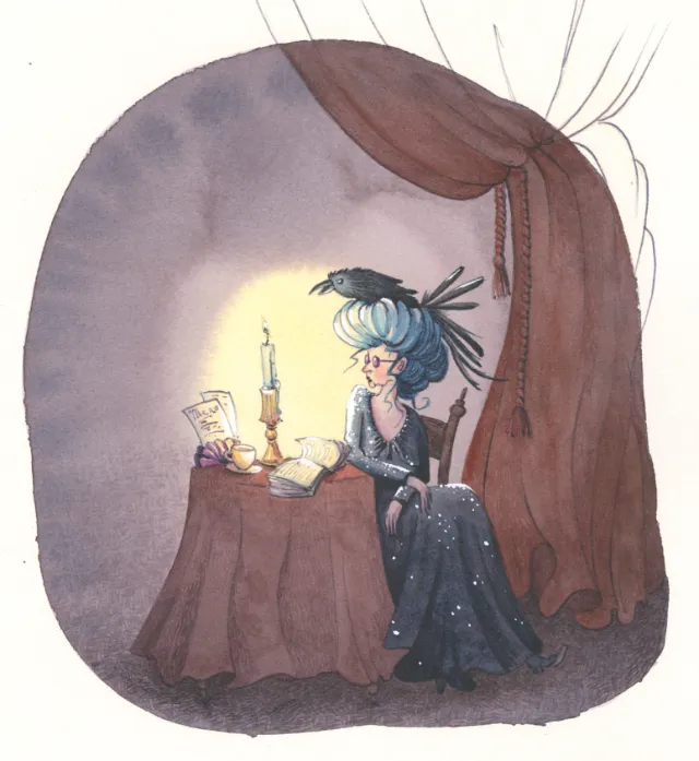 Character reading by candlelight in Hotel Zweefkees illustration by Marieke Nelissen